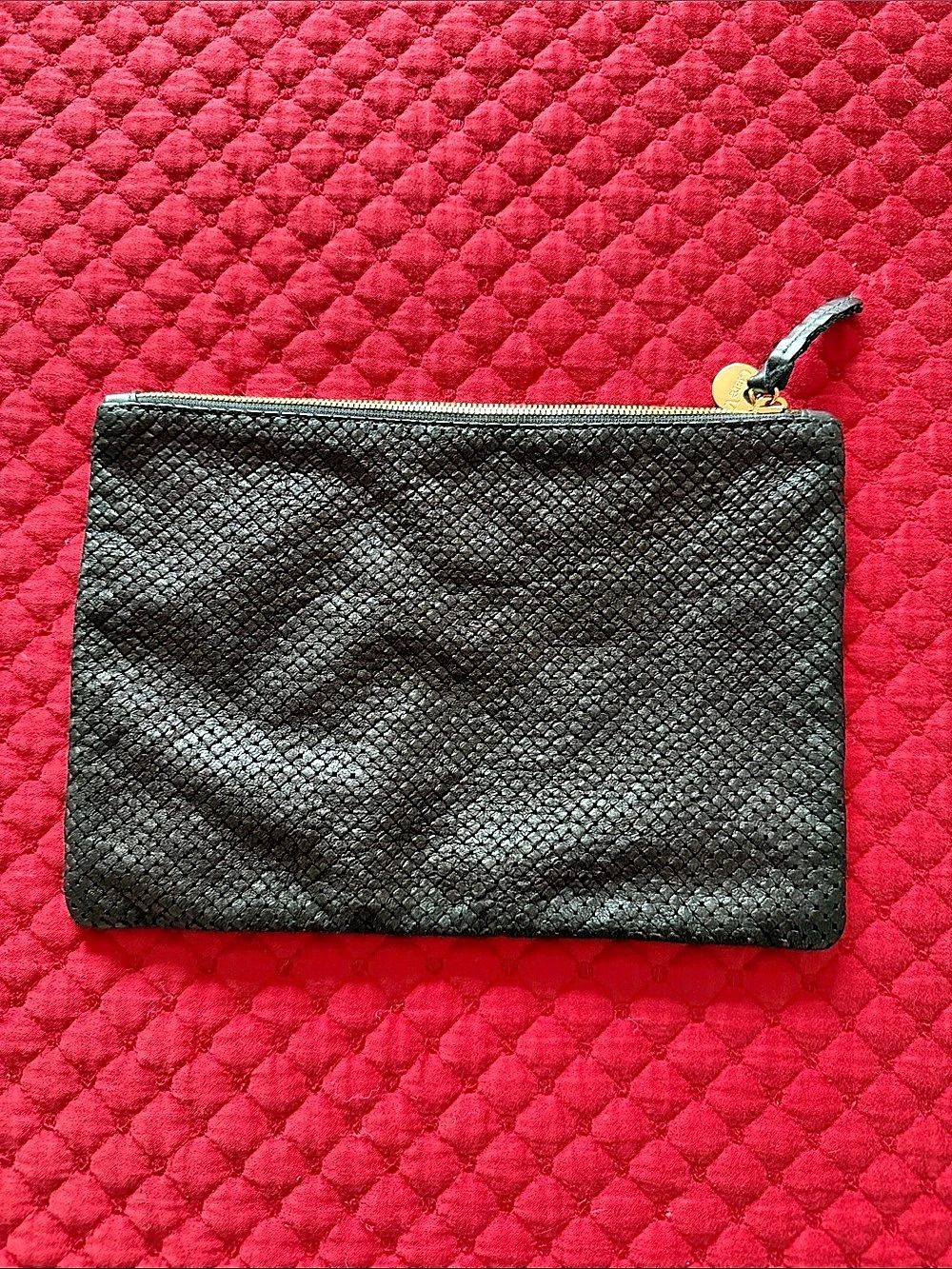 Clare V. Flat Clutch. Black Perforated Leather Zip Pouch
